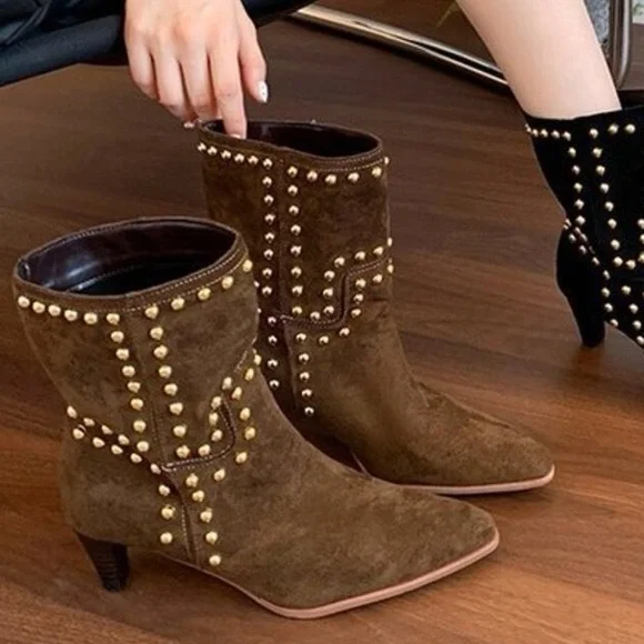 🤎 Hello Kitten! Studded PU Suede Pointed Toe Kitten Heels Boots - Brown - Picture 3 of 8